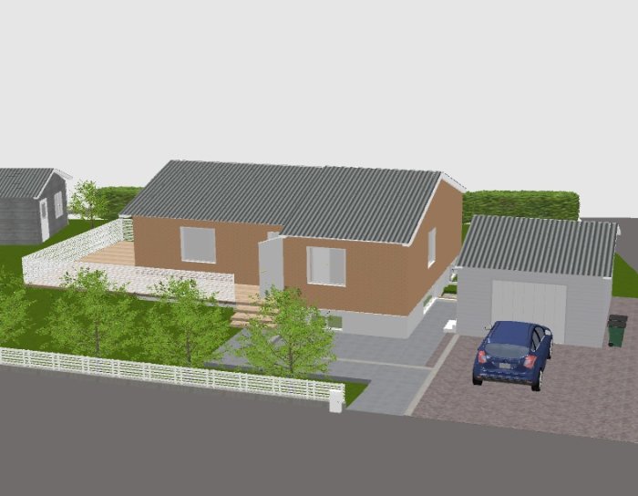 3D-modell av hus och garage med bil på uppfarten, visar planerad byggnad och isoleringstjocklek.