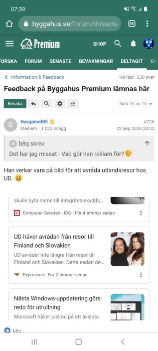 Skärmklipp av forumtråd på byggahus.se med användarkommentarer och nyhetsrubriker.