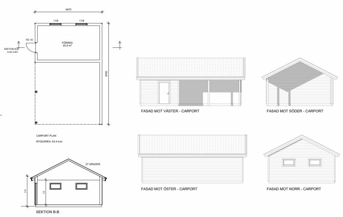 Arkitektritningar av en carport med mått och planlösning, inklusive fasader från olika håll.