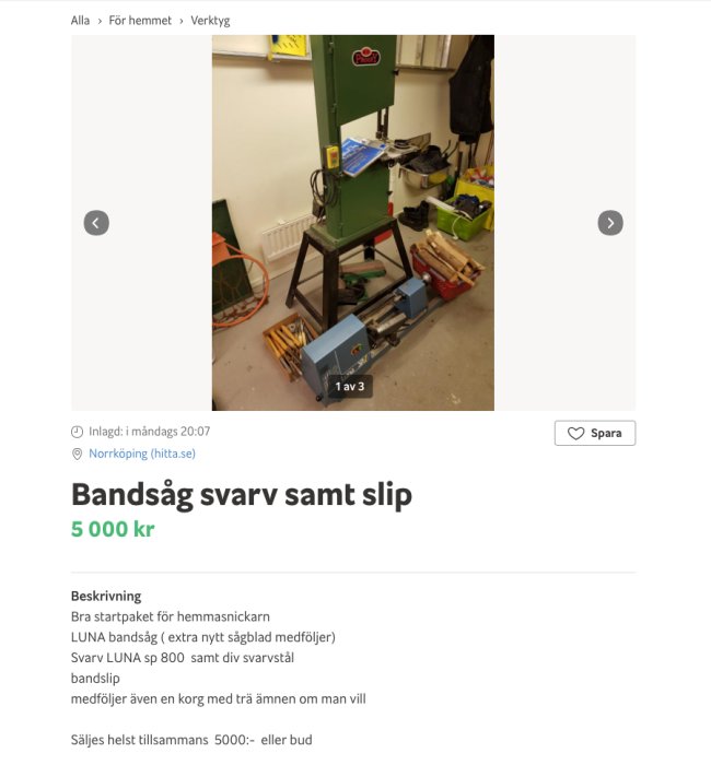 Bandsåg och svarv i verkstadsmiljö med tillbehör som säljs online.