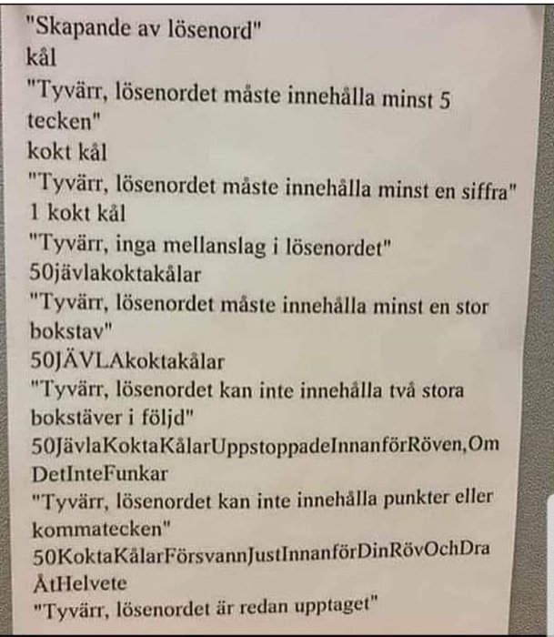 Skärmdump av humoristisk text om försök att skapa ett lösenord med olika komplicerade krav.