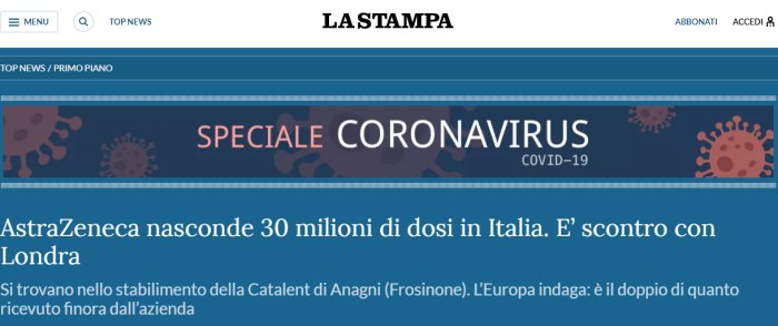 Webbsida från La Stampa med rubrik om AstraZeneca som döljer 30 miljoner doser i Italien.