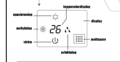 Display på luftvärmepump som visar en snöflinga för kylning och inställd temperatur 26 grader Celsius.