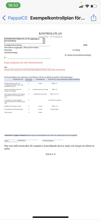 Exempel på kontrollplan för byggprojektet inglasning av uterum/altan med tomma fält för information och kontrollpunkter.