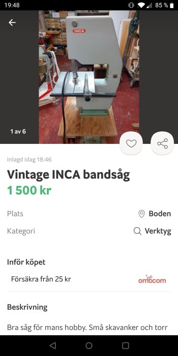 Vintage Inca bandsåg i verkstadsmiljö, behöver nytt gummi.