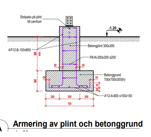 Konstruktionsritning som visar armering av plint och betonggrund för en altan.