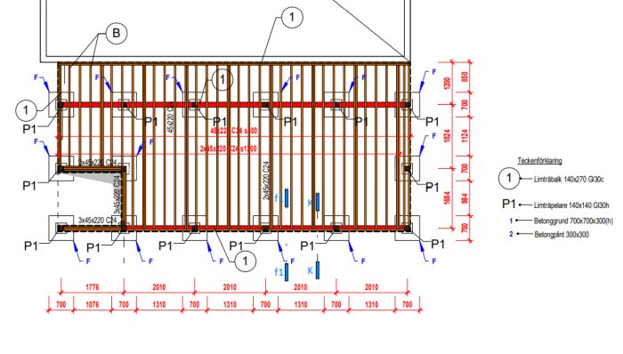 Detaljerad teknisk ritning av en altankonstruktion med måttangivelser och materialspecifikationer.