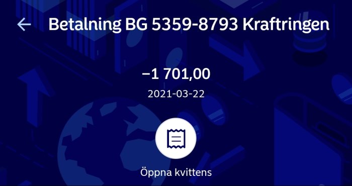 Skärmbild av en elektronisk betalning på 1701,00 SEK till Kraftringen, daterad 22 mars 2021.