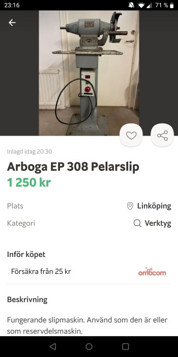 Arboga EP 308 pelarslipmaskin i fungerande skick placerad i ett rum.