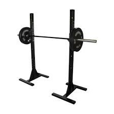 Svart squat rack i stål med stång och viktskivor.