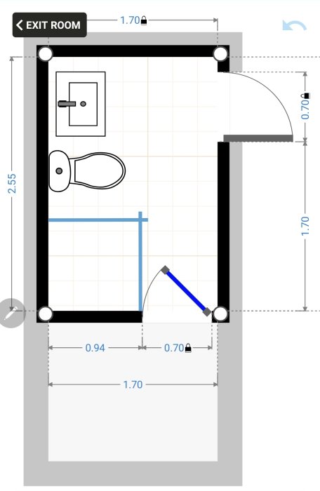 Ritning av badrumsplan med toalett, duschhörna och måttangivelser, ej exakta detaljer.