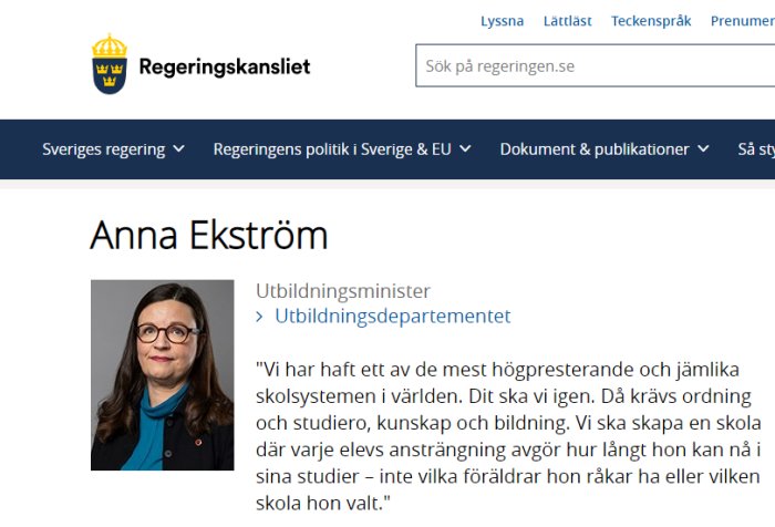 Skärmdump av regeringens webbplats med profil och information om Anna Ekström som utbildningsminister.