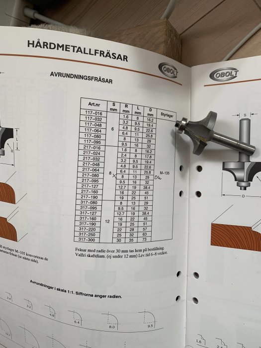 Öppnad Cobolt-katalog med sida som visar specifikationer och illustration för hårdmetallfräsar, särskilt avrundningsfräsar.