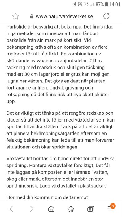 Skärmdump av en webbsida från Naturvårdsverket om bekämpning av parkslide.