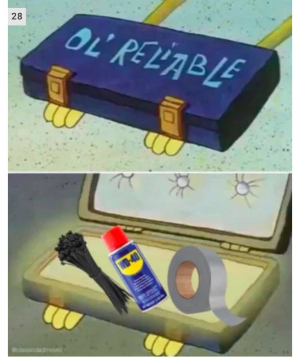 Två paneler från en tecknad serie visar en figur som använder olika verktyg: en bok märkt "OL' RELIABLE" och en låda med buntband och lim.