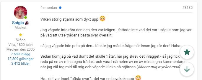 Skärmdump av ett foruminlägg med missnöje över en störande stjärnaikonen som överlappar text.