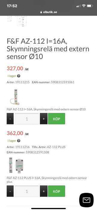 Skärmklipp på en webbsida som visar två typer av skymningsreläer F&F AZ-112 och AZ-112 PLUS med priser och köpknappar.