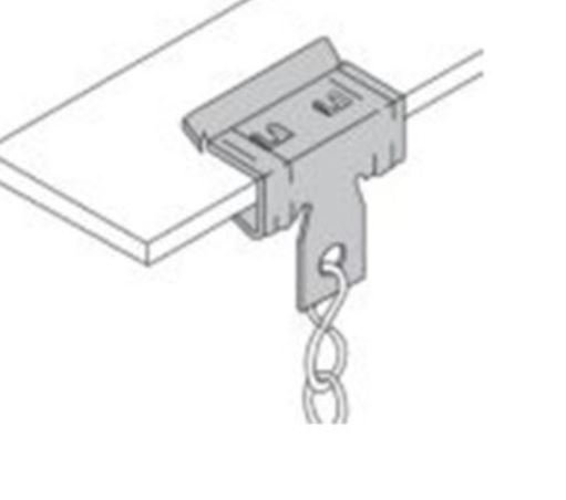 Illustration av en balkklammer (caddyklammer) fästad på en balk med en kedja hängande under.