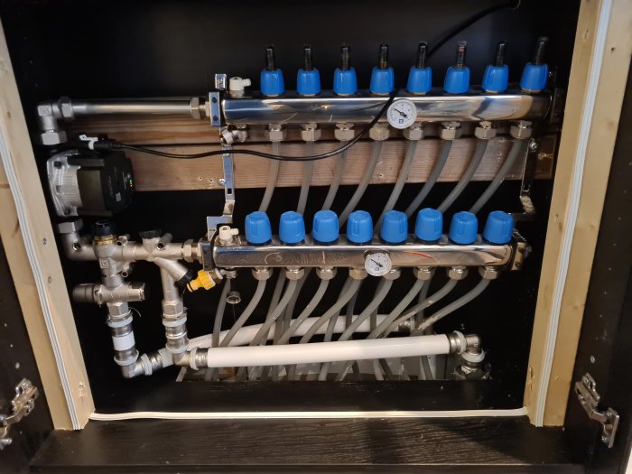 Värmefördelare för golvvärmesystem med flödesindikatorer, rör och avstängningsventiler i ett skåp.
