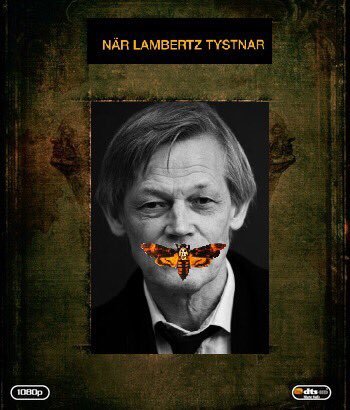 Affisch för filmen "När Lambertz tystnar" med man och fjäril över munnen.