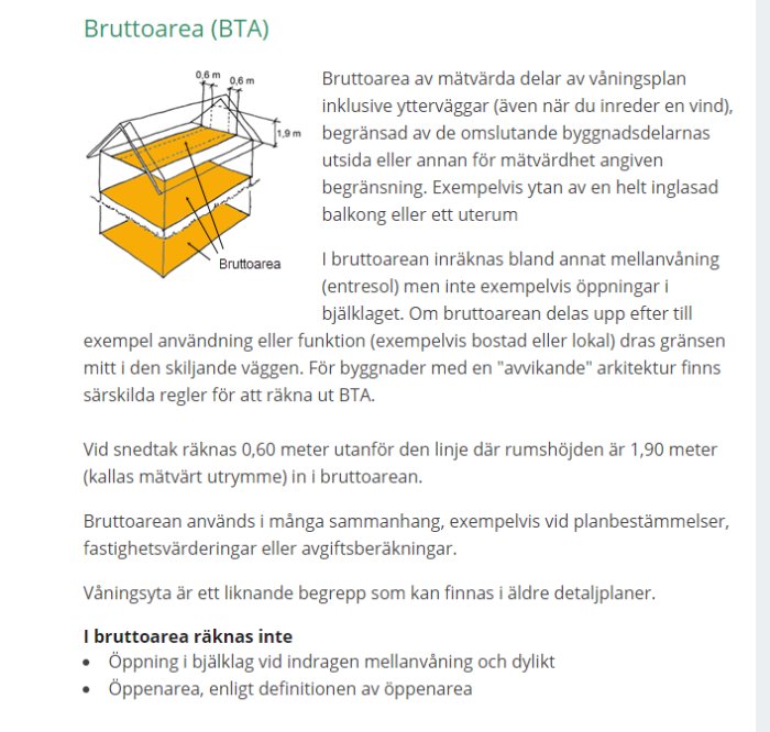 Illustration som förklarar bruttoarea (BTA) med mått och exempel på uteslutna områden som öppningar i bjälklag.