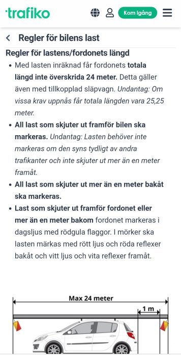 Skärmdump av regler för bilens last med illustration av maxlängd och markeringsflaggor på fordon.