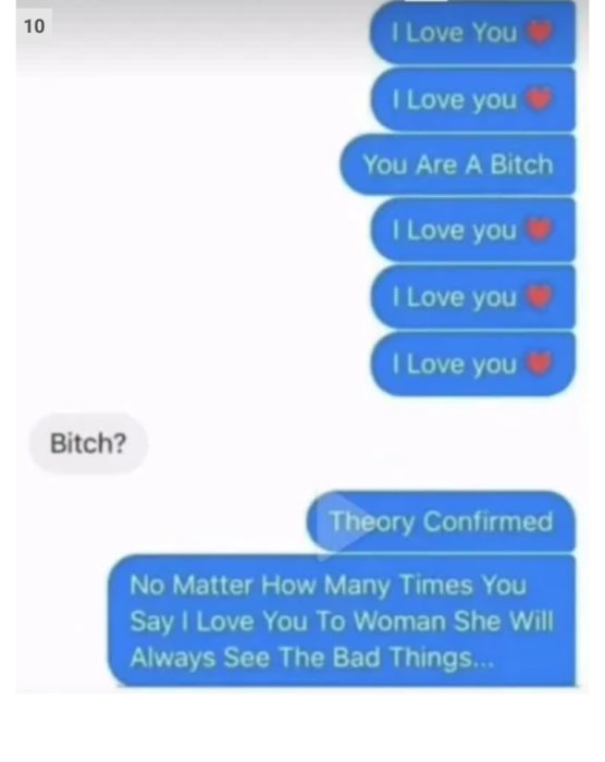 Skärmbild av en textkonversation med upprepade "I Love You" och ett negativt svar, avslutat med en resonemangstext.