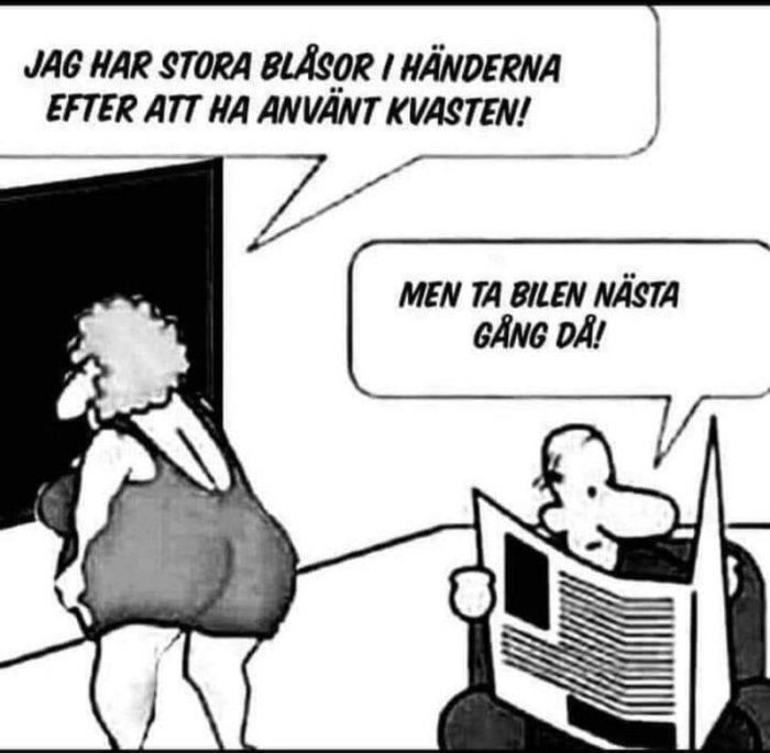 Svartvit illustration av en figur med blåsor i händerna och en annan figur i en bil som ger råd.