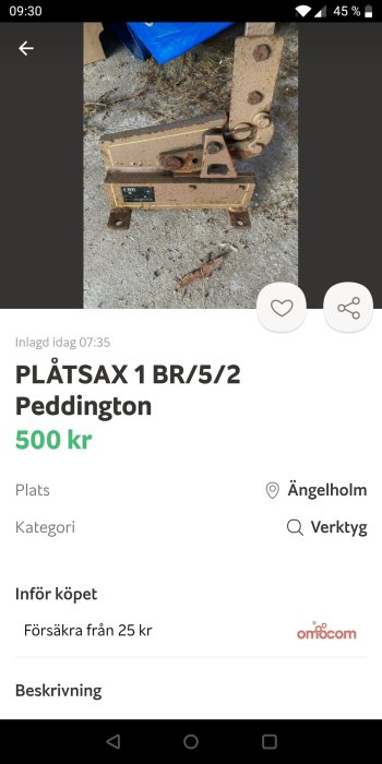 Begagnad plåtsax 1 BR/5/2 till försäljning, liggande på betonggolv.