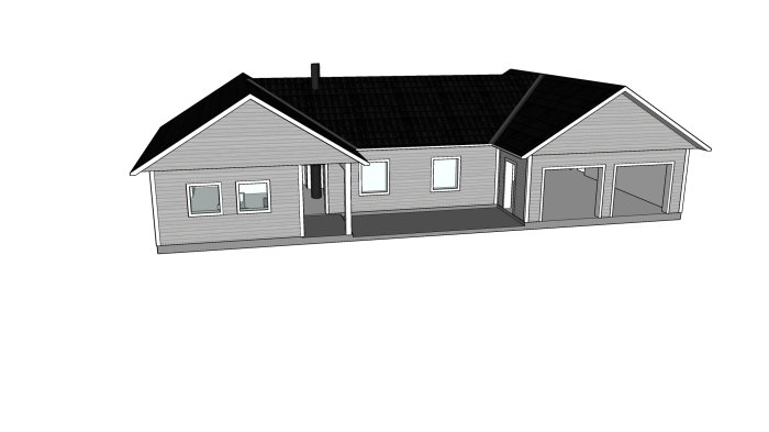 3D-rendering av ett enfamiljshus med svart tak och integrerat garage.