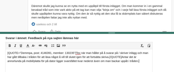 Diskussionsforumssida som visar en kommentar och ett svarsfält för att lämna feedback.