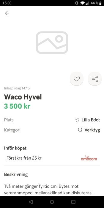 Platshållarbild för en annons om en begagnad Waco Hyvel till salu för 3500 kr i Lilla Edet.