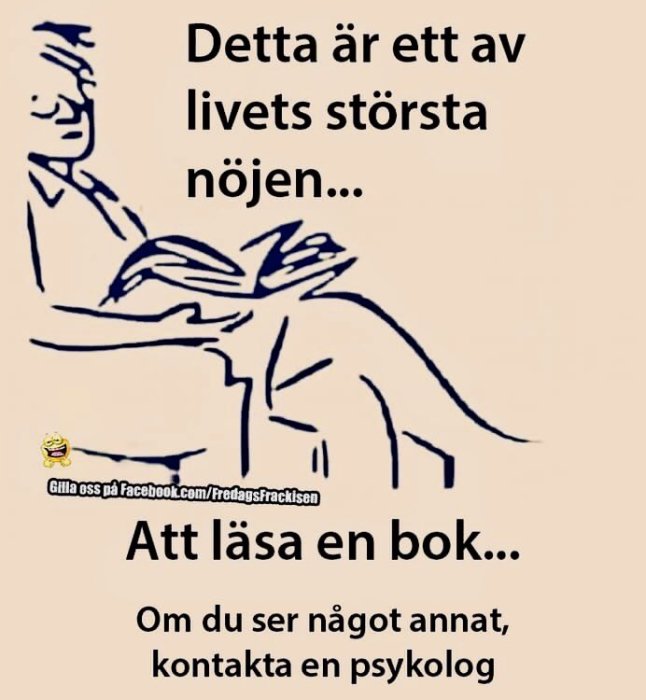 Tecknad bild av en person som sitter och läser en bok med text som hyllar nöjet i att läsa.