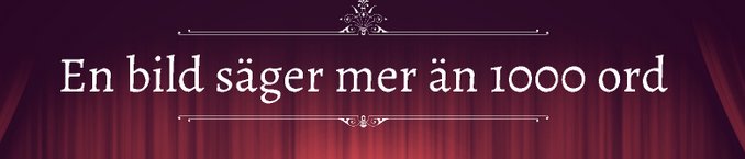 Banner med texten "En bild säger mer än 1000 ord" mot en mörkröd bakgrund med dekorativa linjer.