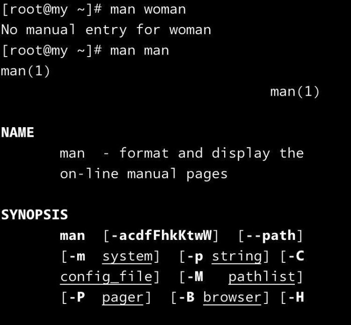 Skärmdump av en terminal med kommandona 'man woman' och 'man man', som visar man-sidans synopsis.