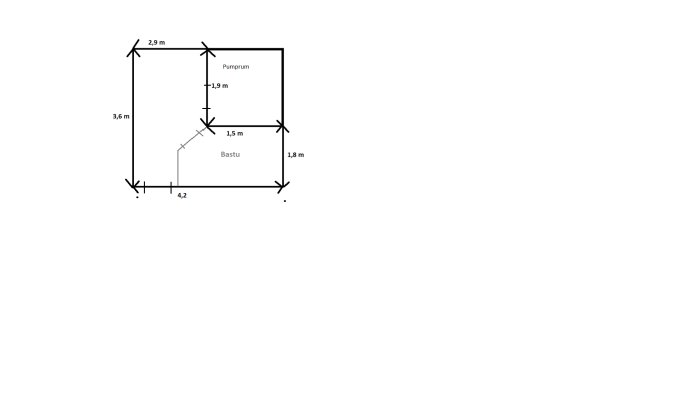 Enkel ritning av en planlösning för en bastu och ett pumprum med måttangivelser.