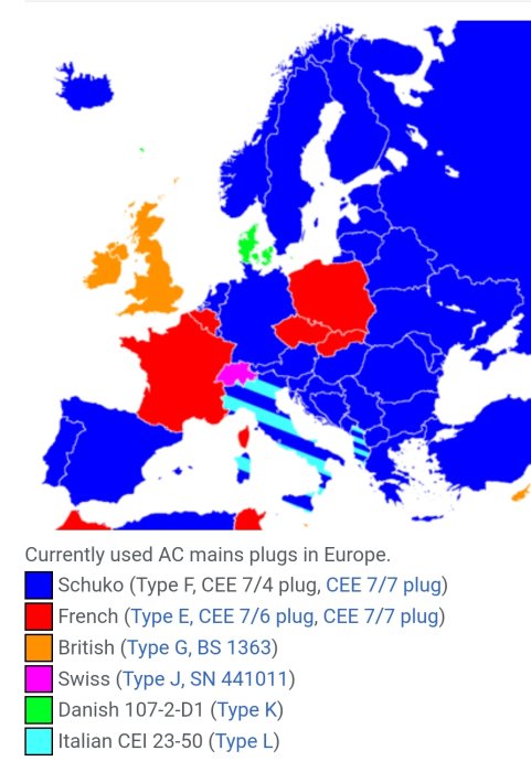 Karta över Europa som visar användning av olika typer av väggkontakter med färgkoder för varje standard.