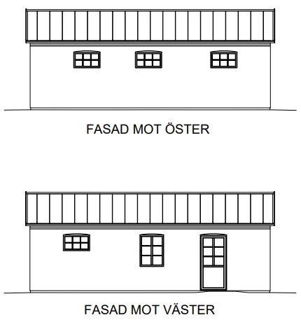 Ritningar av en byggnads östra fasad med små högt placerade fönster och västra fasad med större fönster och altandörr.