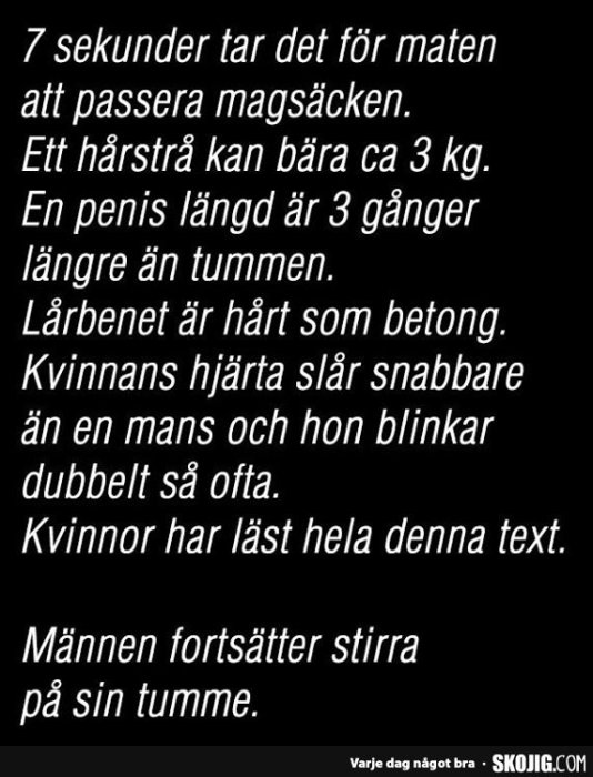 Svartvit bild av en text som presenterar kuriosa och avslutas med ett skämt om genusstereotyper.