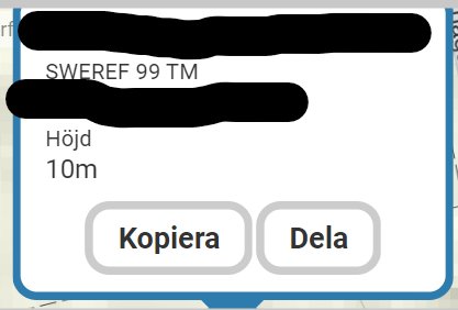 Skärmdump av en digital karta med markerad höjd på 10 meter och alternativen att kopiera eller dela informationen.