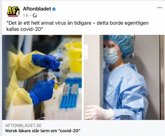Laboratoriepersonal i skyddsutrustning hanterar provrör, och en sjukvårdare i munskydd i bakgrunden.