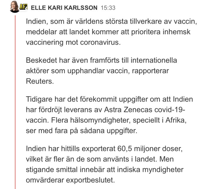 Skärmdump av ett foruminlägg om Indien som prioriterar inhemska vaccinationer framför export.