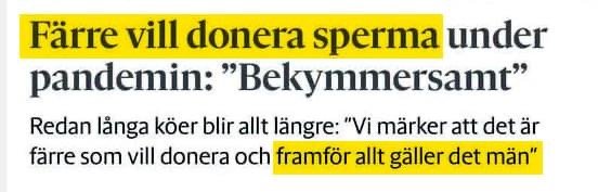 Artikelrubrik om minskat antal spermadonationer under pandemin med citat "Bekymmersamt".