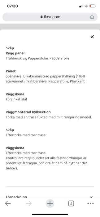 Skärmdump från mobil visar produktinformation på ikea.com med text om skötsel av möbler.