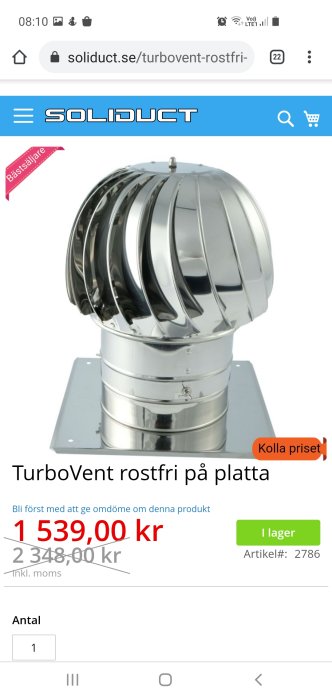 Rostfri TurboVent regnhatt för skorsten med snurrande delar, monterad på en platta.