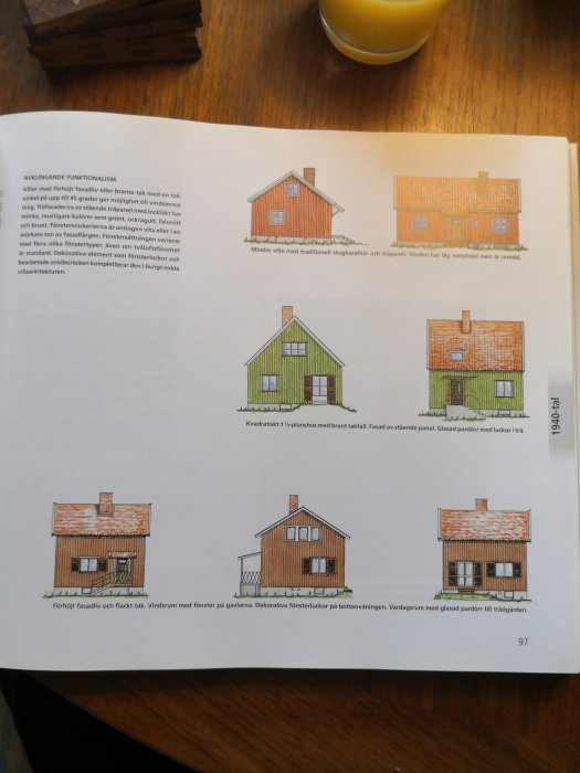 Illustration av olika hustyper med beskrivande texter om arkitektur och design, placerade på ett öppnat bokuppslag.