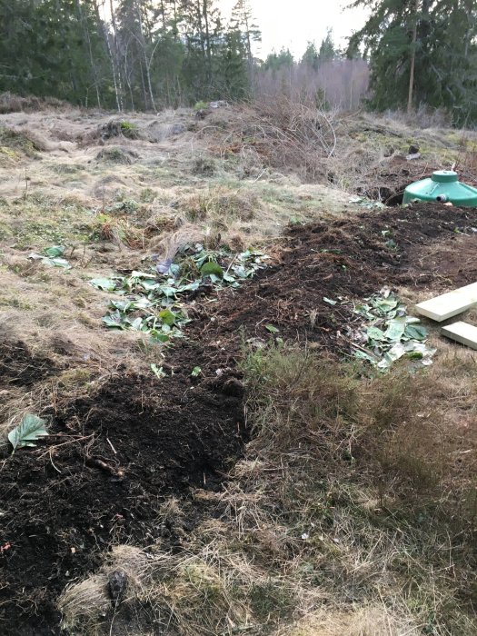 En ryddig tomt med skottad jord och gräsröjning i förberedelse för växthusbygge.