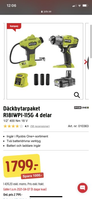 Ryobi däckbytarpaket med slagborrmaskin, mutterdragare, batteri och laddare.