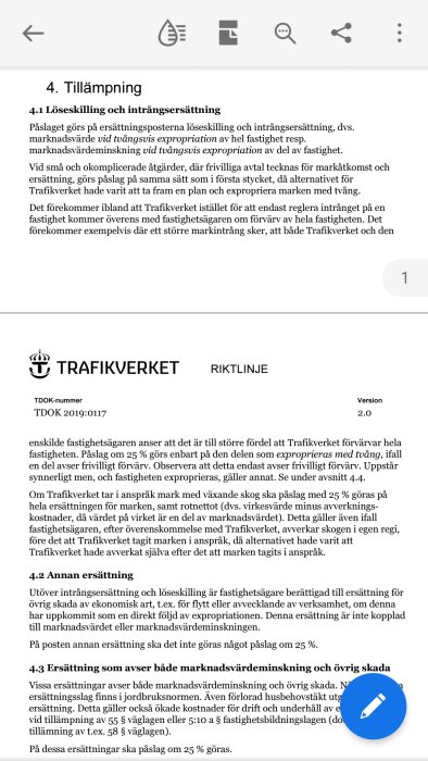 Skärmdump av riktlinje från Trafikverket som förklarar ersättningspolicy för expropriation med eller utan påslag på 25 % ersättning.
