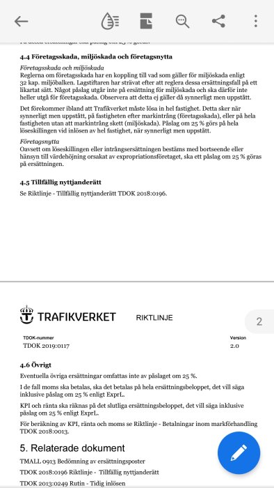 Skärmdump från Trafikverkets riktlinjer angående ersättning vid expropriation utan extra påslag.